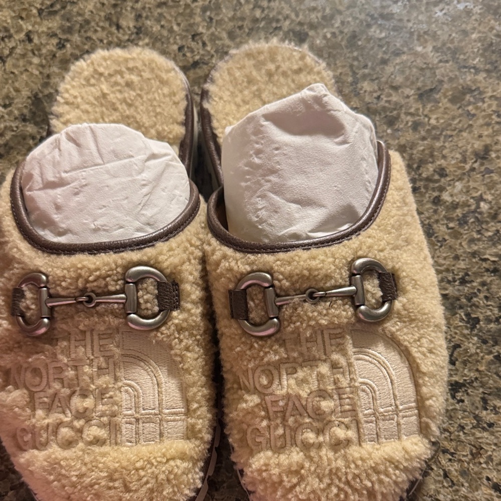 The North Face Gucci Beige Shearling Slippers